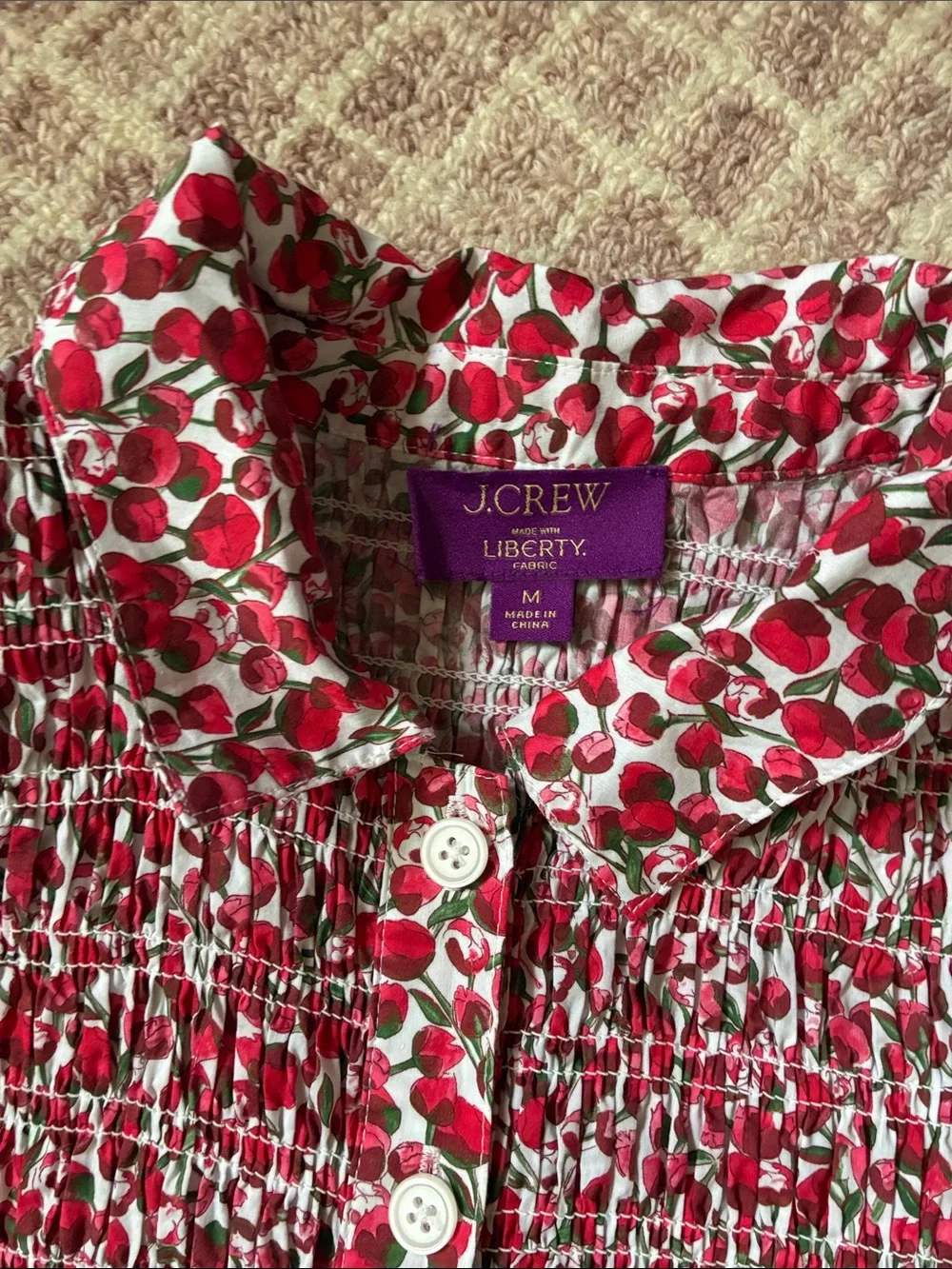 J.Crew Smocked button-up shirt in Liberty Eliza's Red fabric